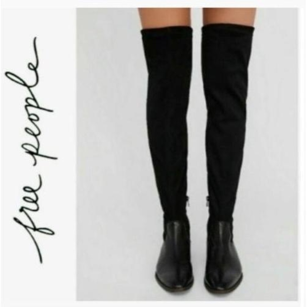 Free People Bicoastal Over-the-Knee Boots Flat Black Suede Leather size 8 / 8.5